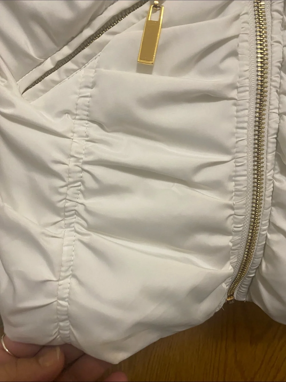 bebe White Quilted Sleeveless Puffer Vest with Gold Zippers